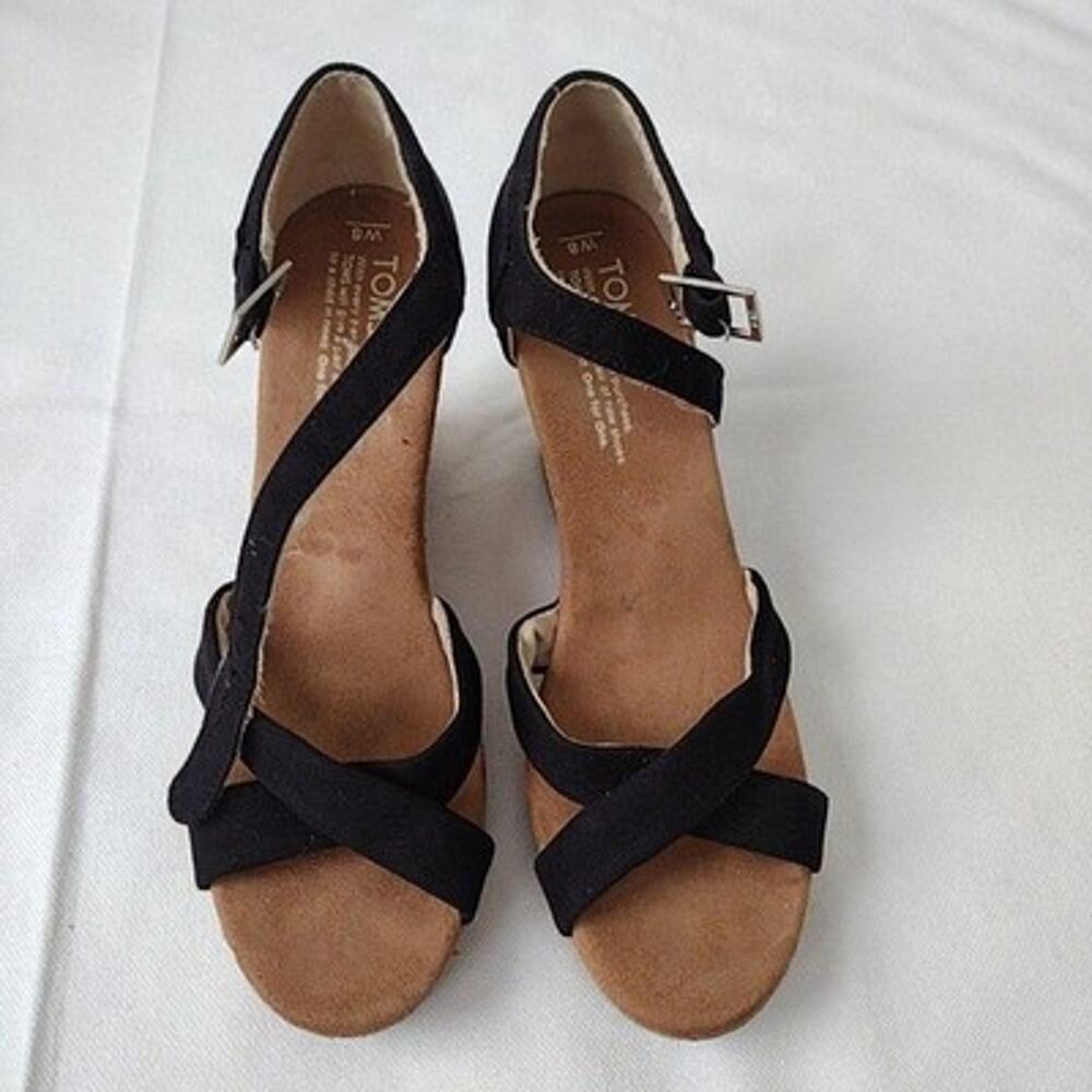 TOMS Shoes Sandals Womens Size 8 Black Strappy Cork Wedge Heel Ankle Strap